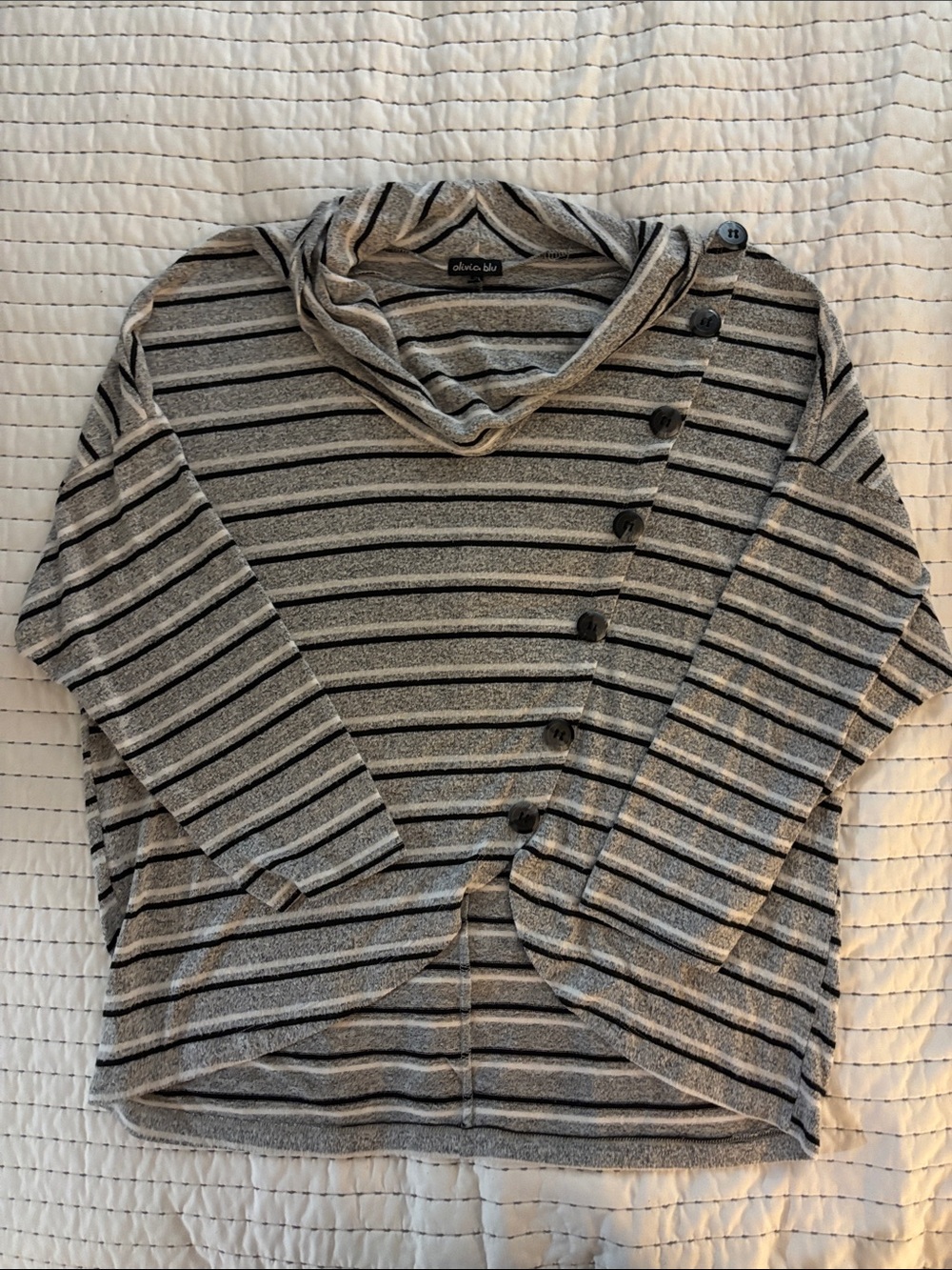 Alessi Gray and Black Striped Crewneck Sweater with Button Placket